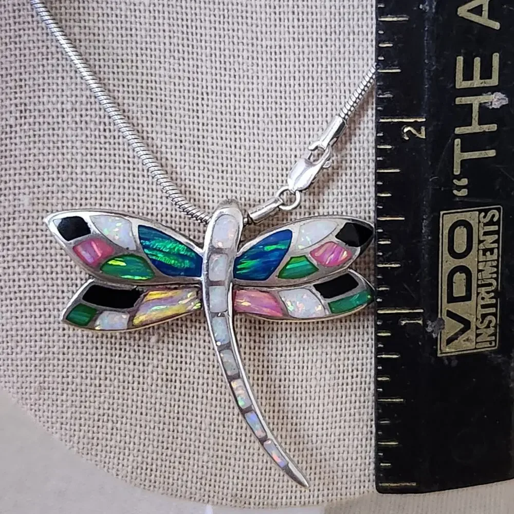 Vintage Sterling Silver Colorful DRAGONFLY Pendant Brooch with 18" Chain - Picture 9 of 10